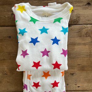 Primary Kids organic long sleeve PJ top and bottom in bright rainbow stars